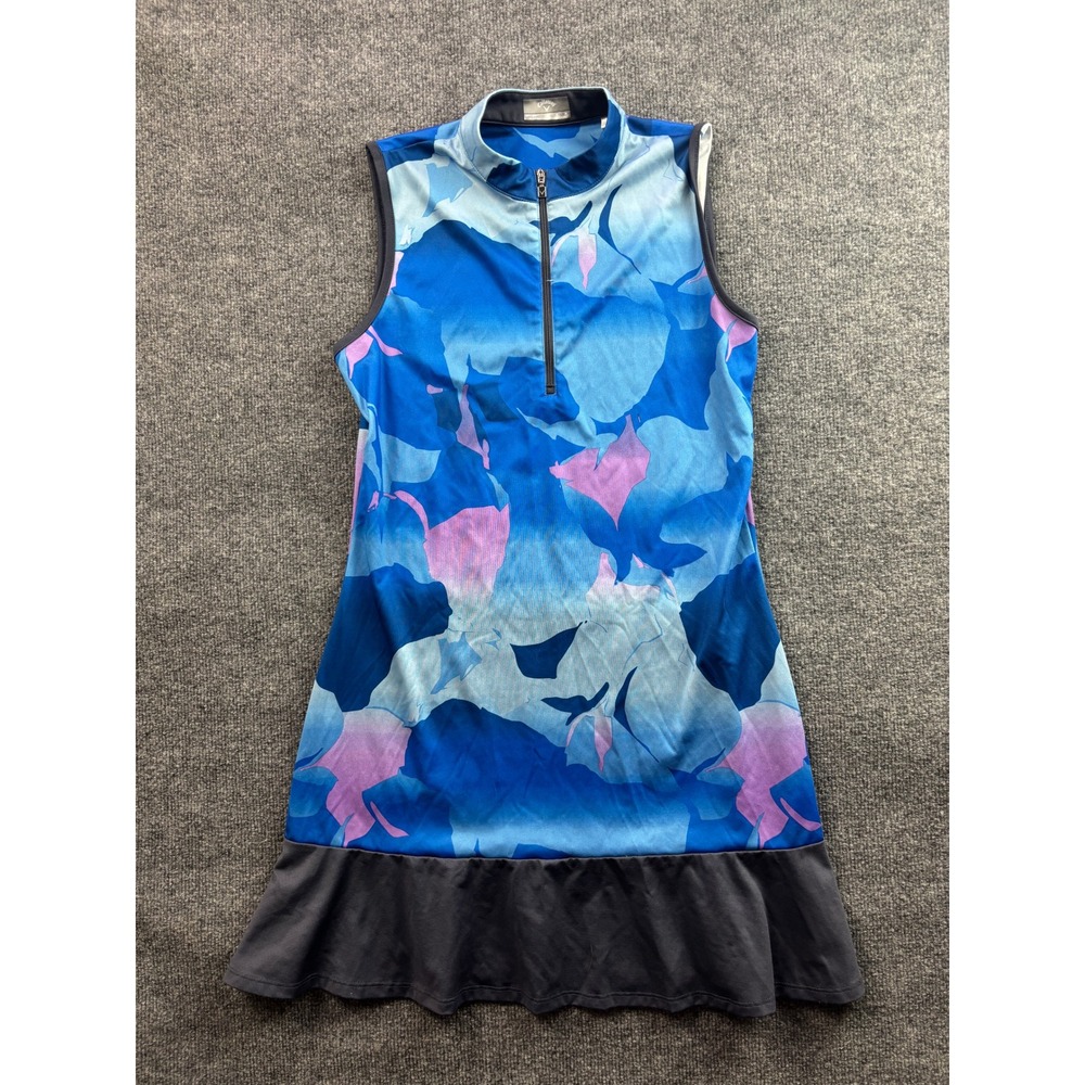 Callaway Golf Dress Womens Medium Blue Pink Floral Opti-Dri Sleeveless Ruffle